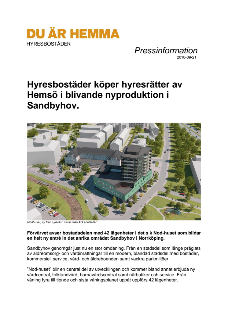 Hyresbostäder köper hyresrätter av Hemsö i blivande nyproduktion i Sandbyhov