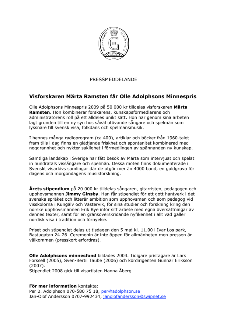 Visforskaren Märta Ramsten får Olle Adolphsons Minnespris