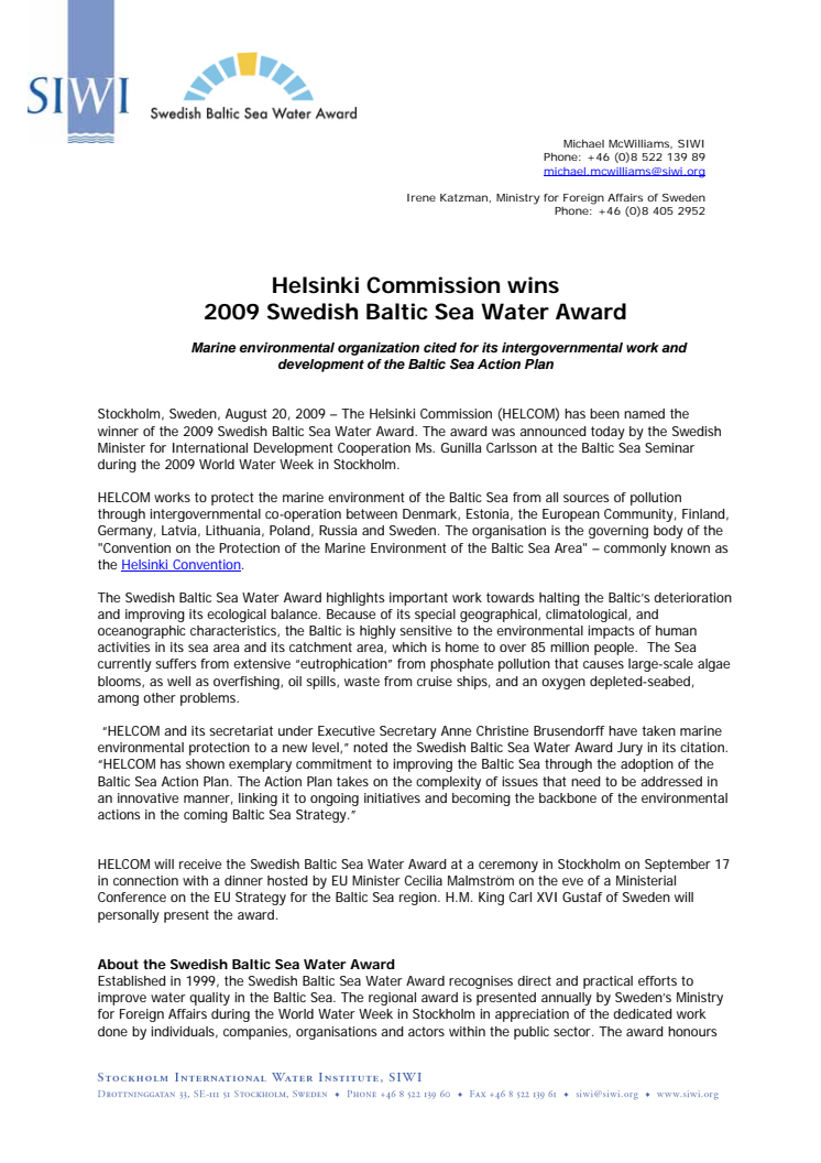 Helsinki Commission wins 2009 Swedish Baltic Sea Water Award