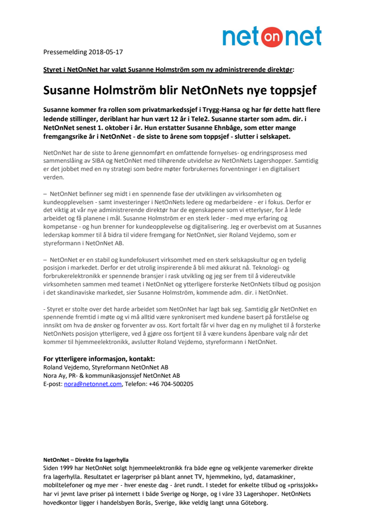 Susanne Holmström blir NetOnNets nye toppsjef