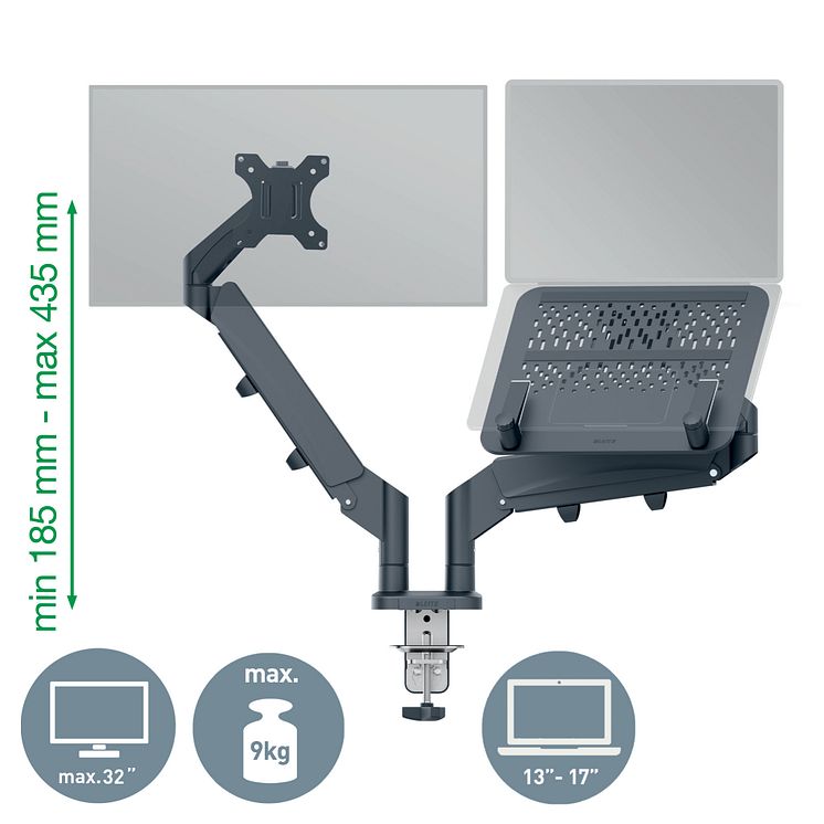 Leitz dobbelt monitor arm med laptop holder dimensioner