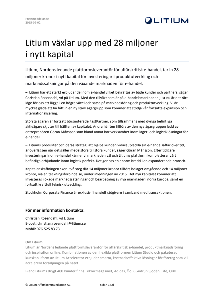 Litium växlar upp med 28 miljoner i nytt kapital