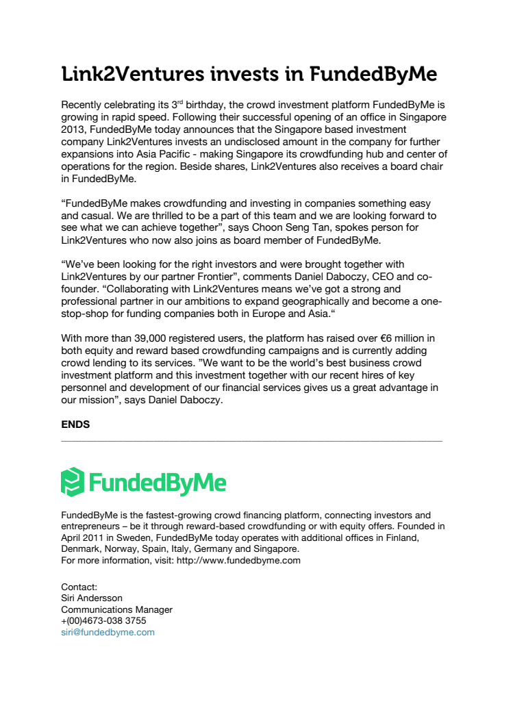 Link2Ventures invests in FundedByMe 