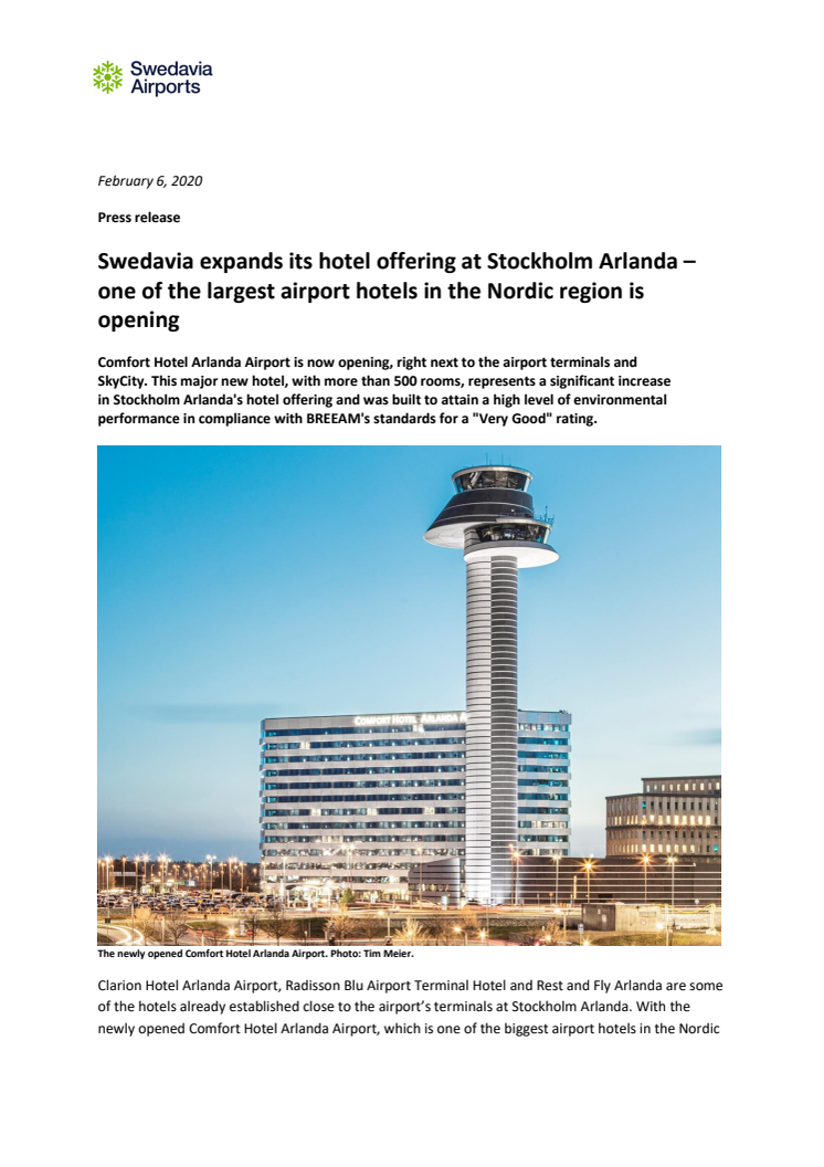 Swedavia expands its hotel offering at Stockholm Arlanda – one of the largest airport hotels in the Nordic region is opening