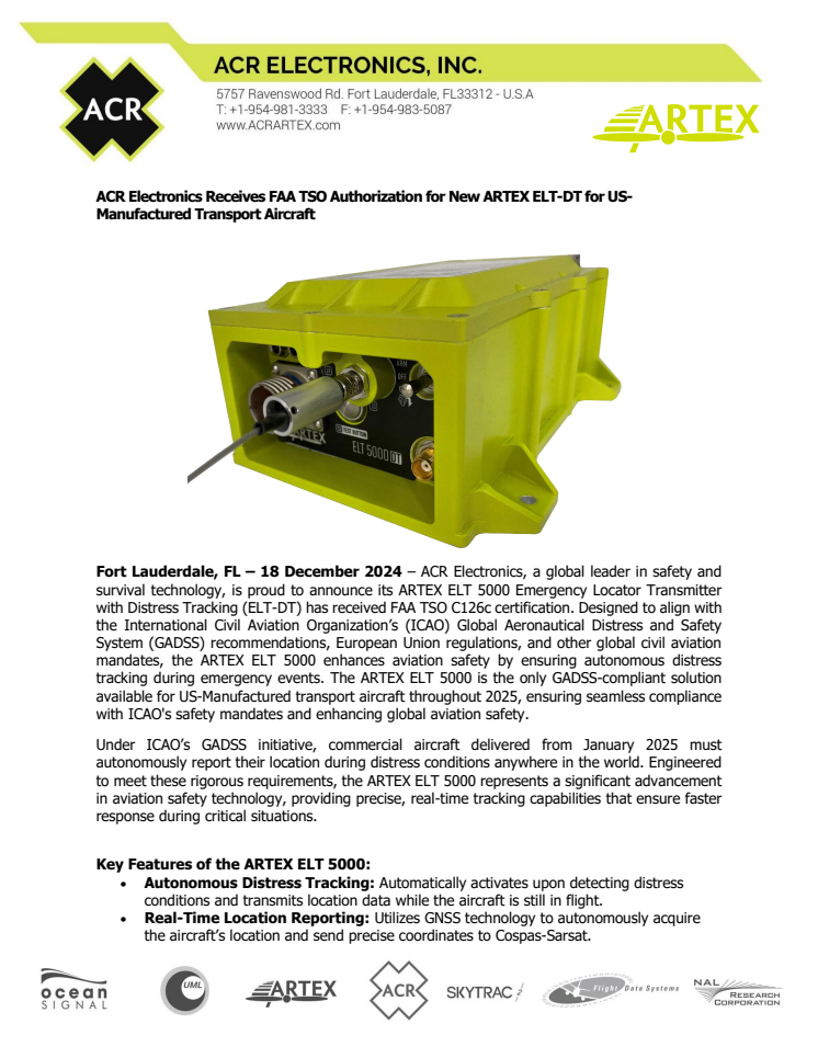 December 2024 - ACR Electronics Receives FAA TSO for ELT DT on US Aircraft.pdf