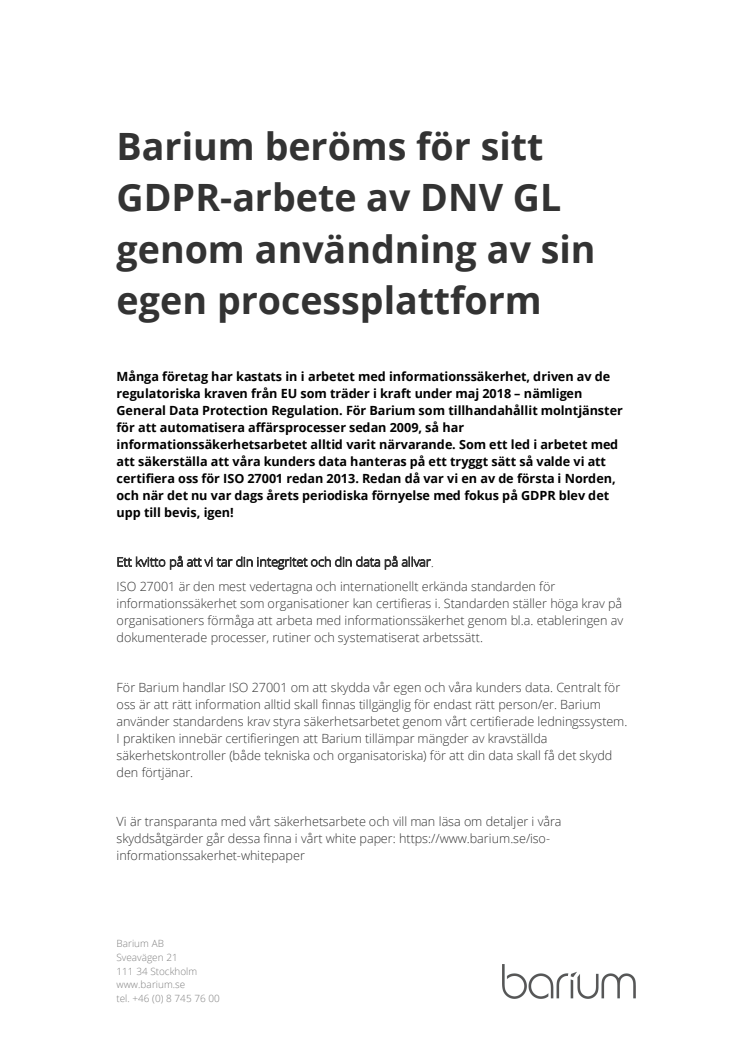 Barium beröms för sitt GDPR-arbete av DNV GL genom användning av sin egen processplattform