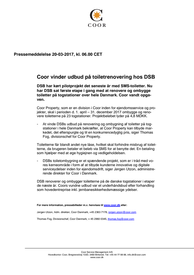 Coor vinder udbud på toiletrenovering hos DSB