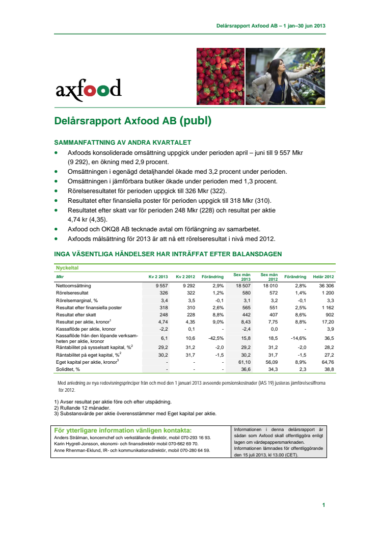 Delårsrapport Axfood AB 1 jan-30 jun 2013