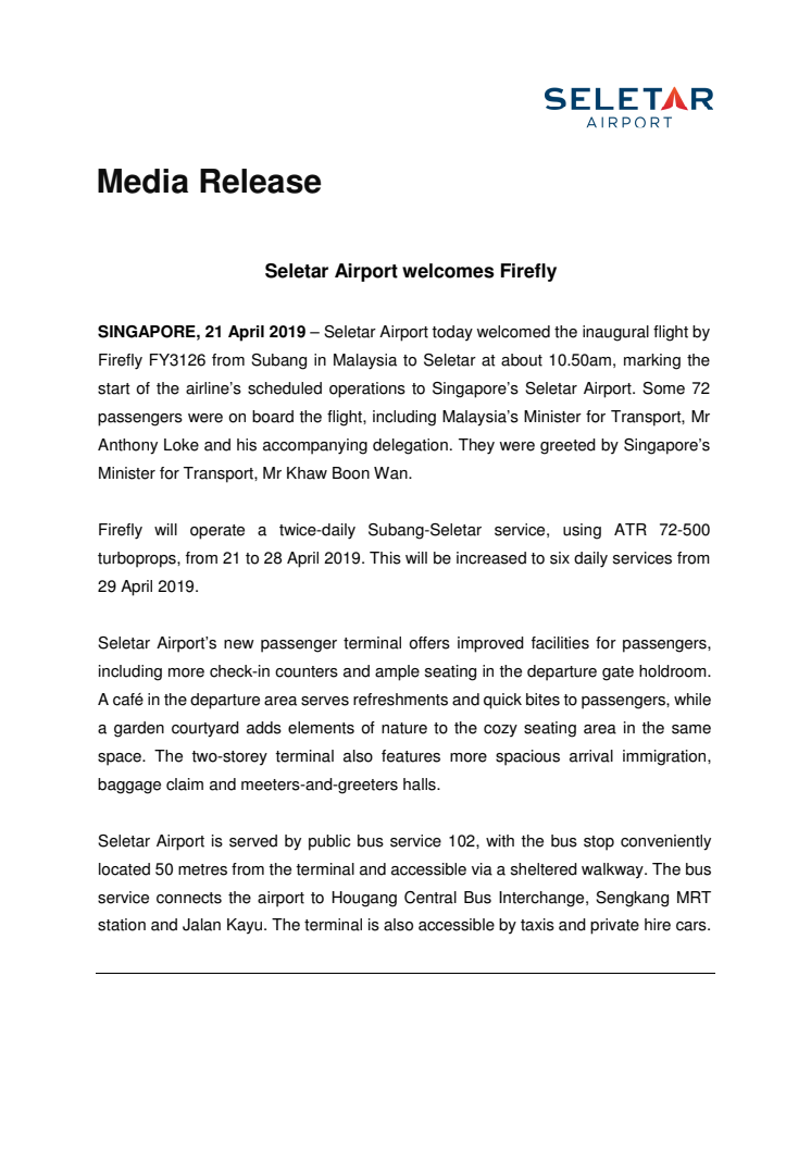 Seletar Airport welcomes Firefly