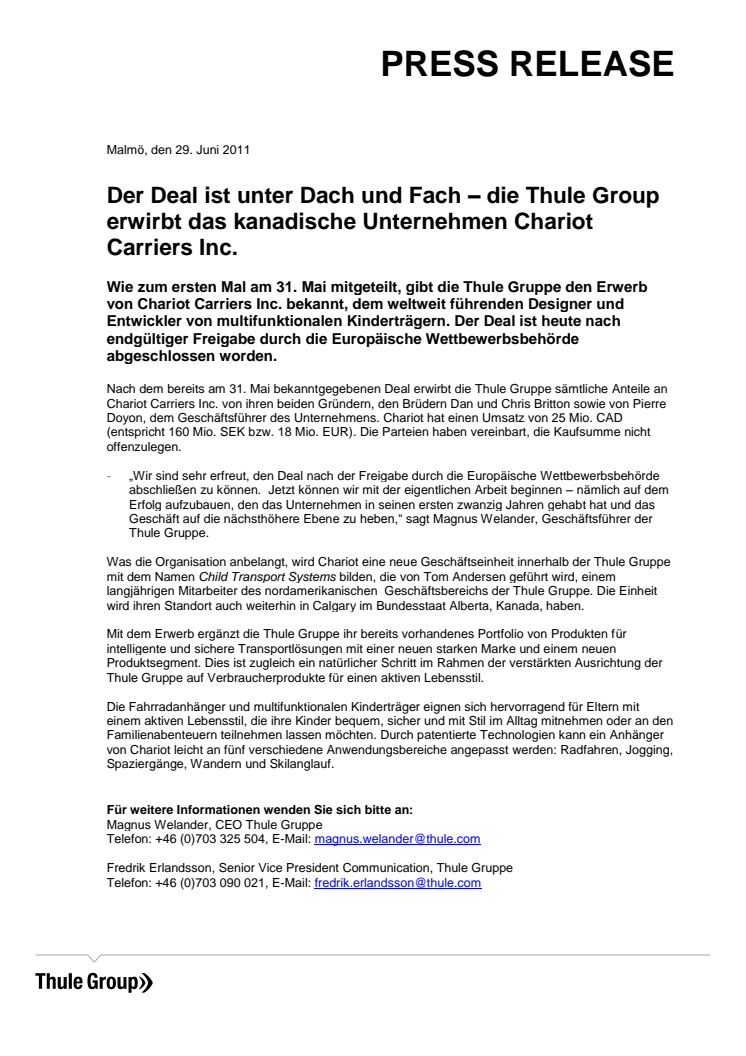 Der Deal ist unter Dach und Fach – die Thule Group erwirbt das kanadische Unternehmen Chariot Carriers Inc.