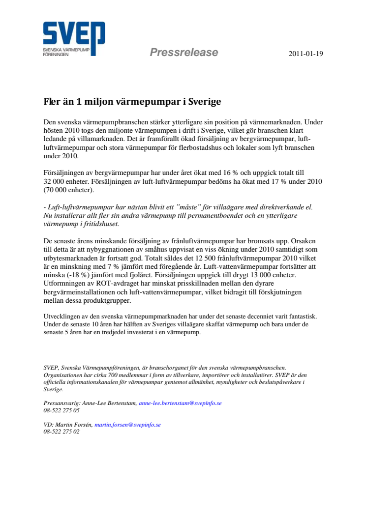 Fler än 1 miljon värmepumpar i Sverige