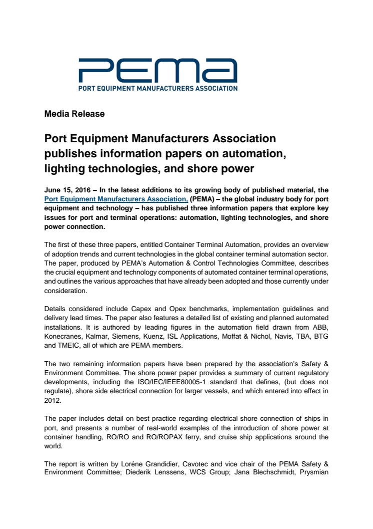 PEMA publishes information papers on automation, lighting technologies, and shore power