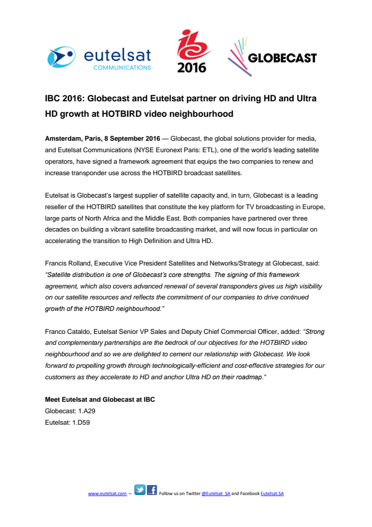 IBC 2016: Globecast and Eutelsat partner on driving HD and Ultra HD growth at HOTBIRD video neighbourhood