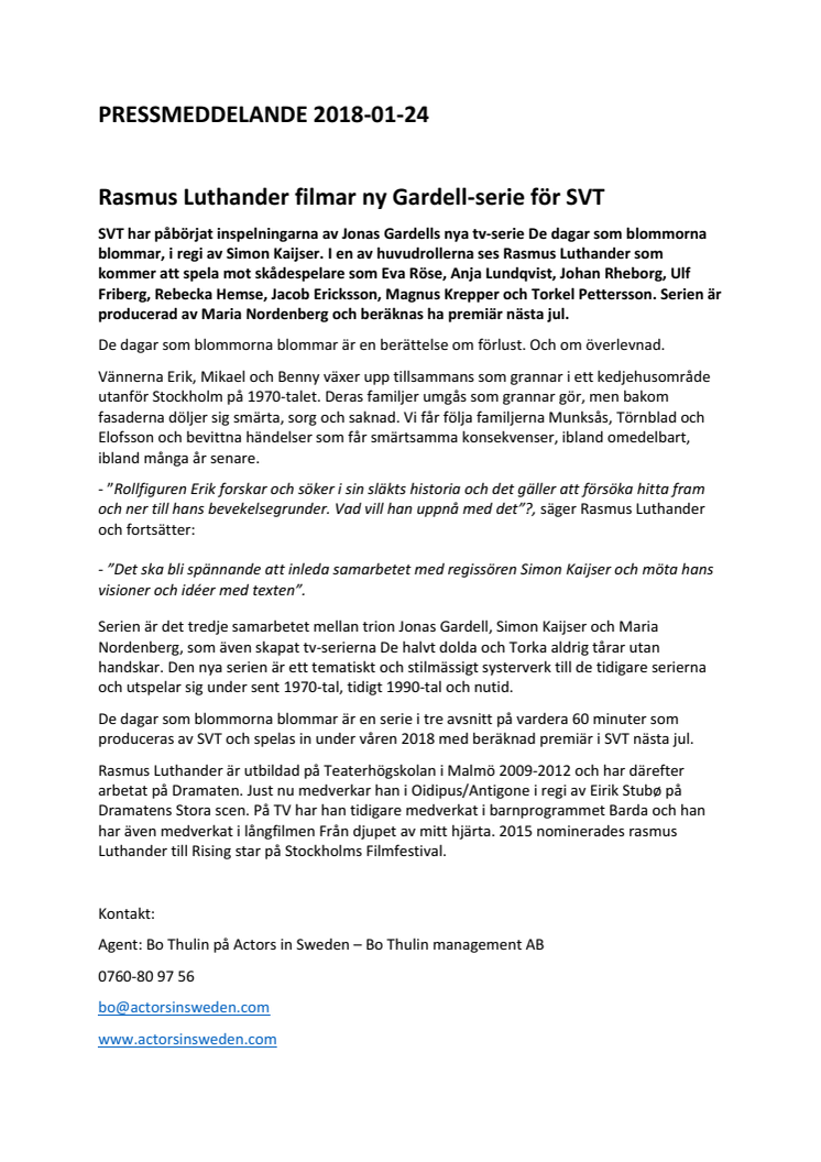 Rasmus Luthander filmar ny Gardell-serie för SVT