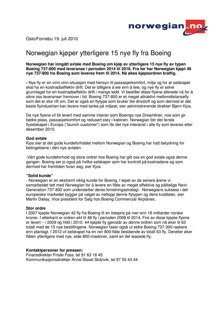 Norwegian kjøper ytterligere 15 nye fly fra Boeing