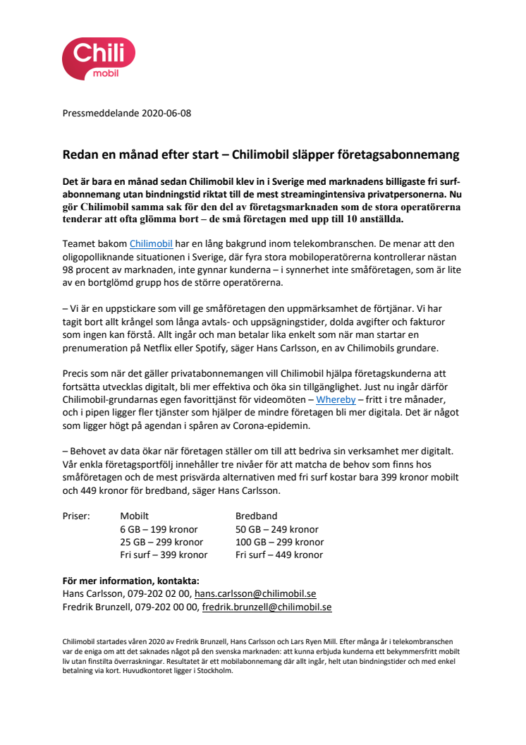 Redan en månad efter start – Chilimobil släpper företagsabonnemang
