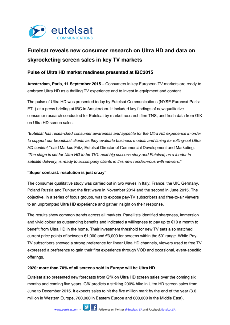 Eutelsat reveals new consumer research on Ultra HD and data on skyrocketing screen sales in key TV markets