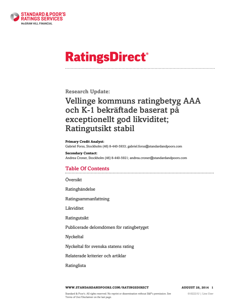 Standard & Poor´s Rating Services: Ratings Direct - Vellinge kommuns ratingbetyg