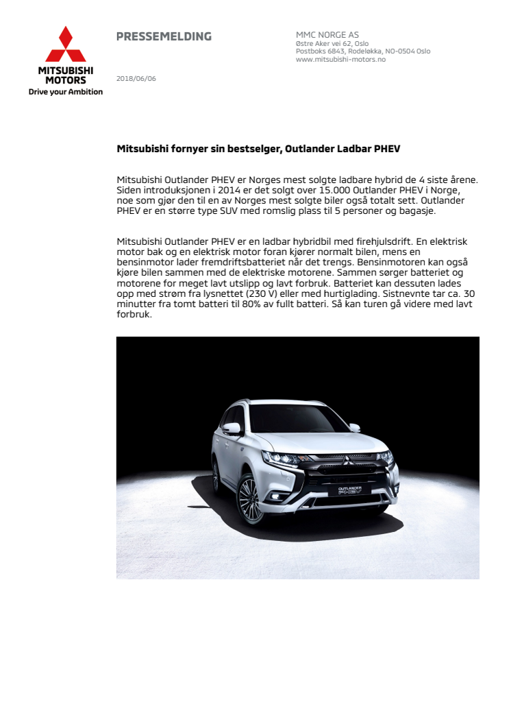 Mitsubishi fornyer sin bestselger, Outlander Ladbar PHEV