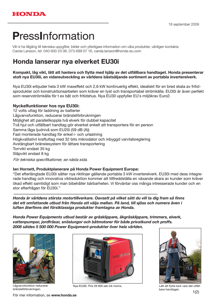 Honda lanserar nya inverterelverket EU30i