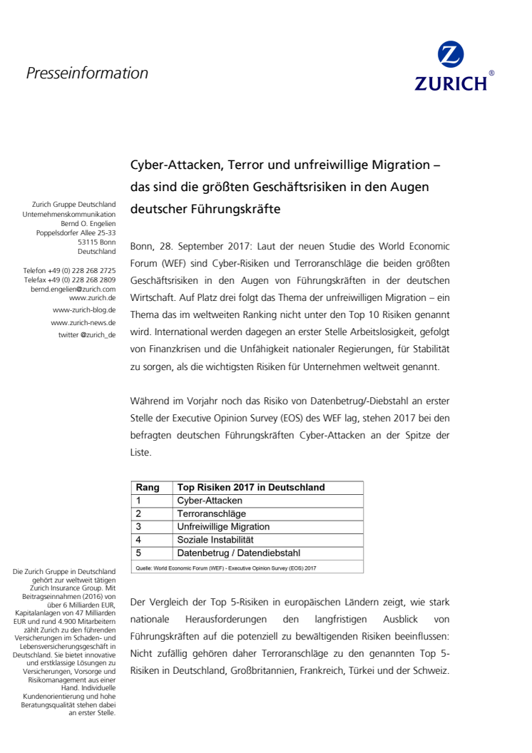 Cyber-Attacken, Terror und unfreiwillige Migration – das sind die größten Geschäftsrisiken in den Augen deutscher Führungskräfte