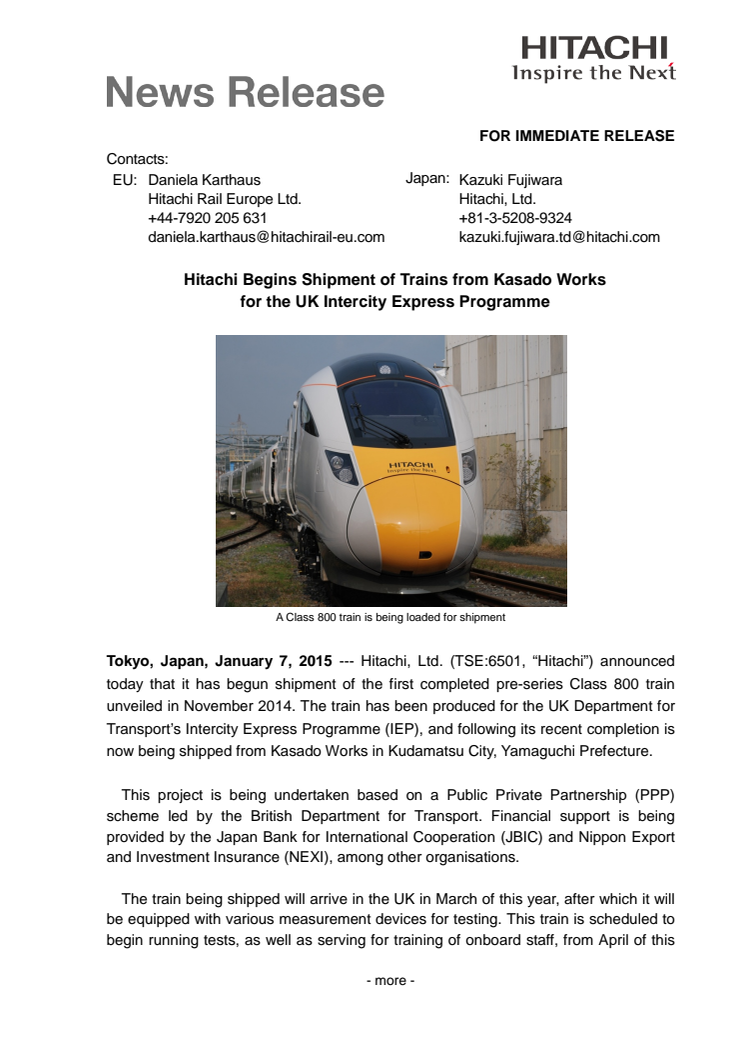 Hitachi Begins Shipment of Trains from Kasado Works for the UK Intercity Express Programme