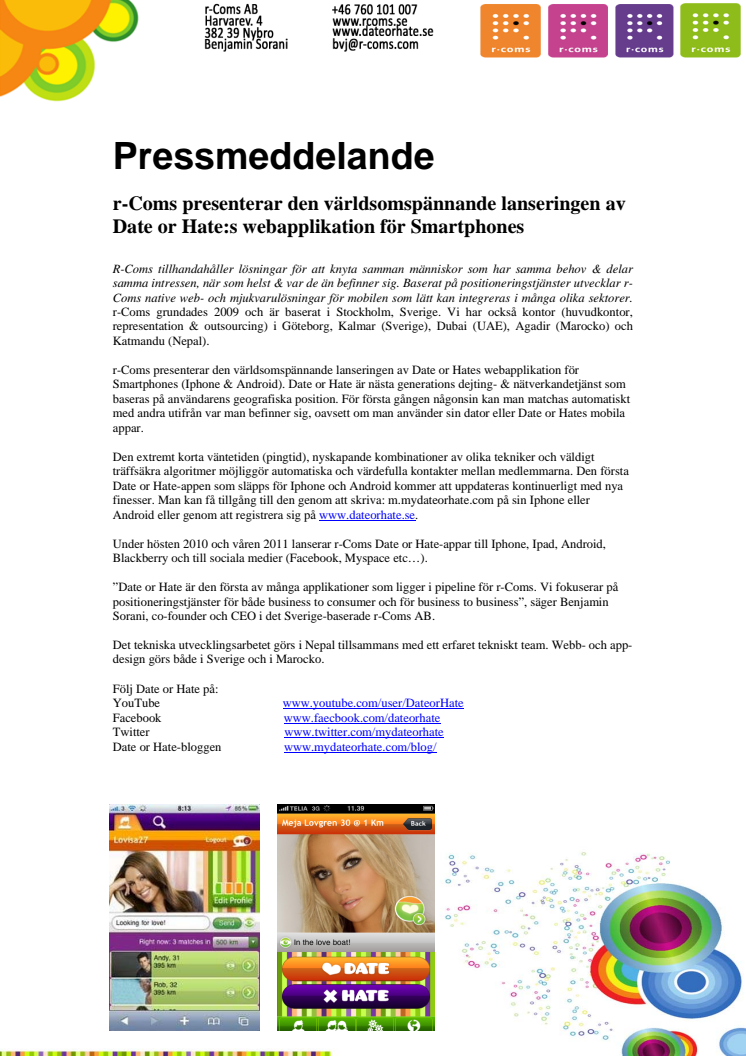 r-Coms presenterar den världsomspännande lanseringen av Date or Hates webapplikation för Smartphones