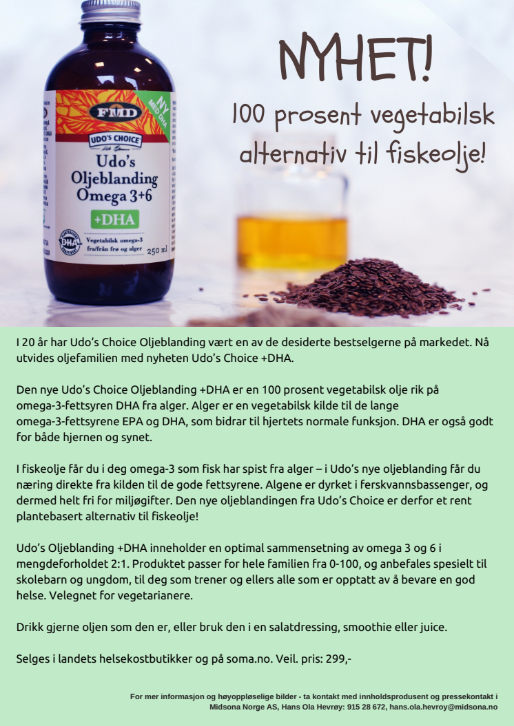 Nyhet fra Udo’s Choice: Endelig et vegetabilsk alternativ til fiskeolje!