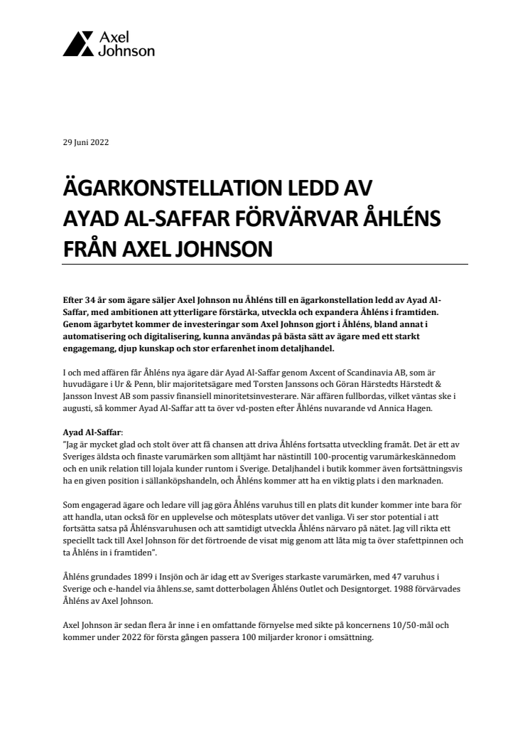 Pressmeddelande - Ägarkonstellation ledd av Ayad Al-Saffar förvärvar Åhléns från Axel Johnson_220629.pdf