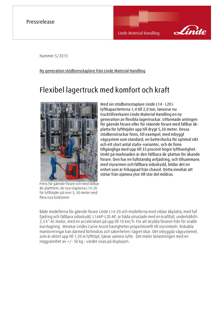 Ny generation stödbensstaplare från Linde Material Handling