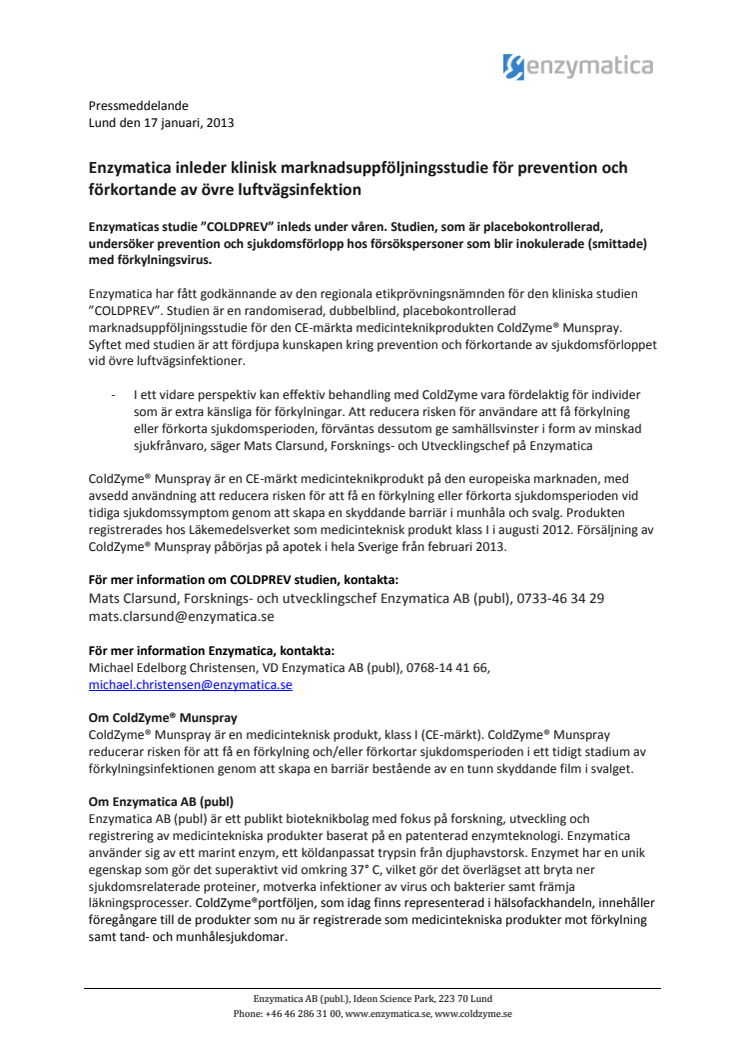 Enzymatica inleder klinisk marknadsuppföljningsstudie för prevention och förkortande av övre luftvägsinfektion