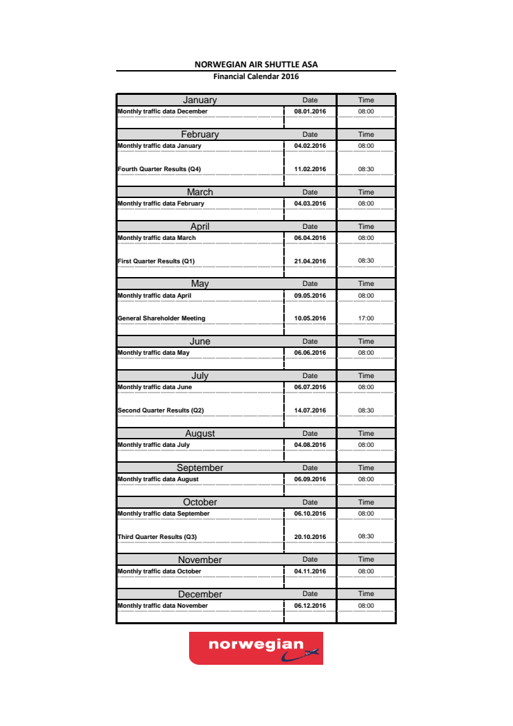 Financial Calendar for 2016