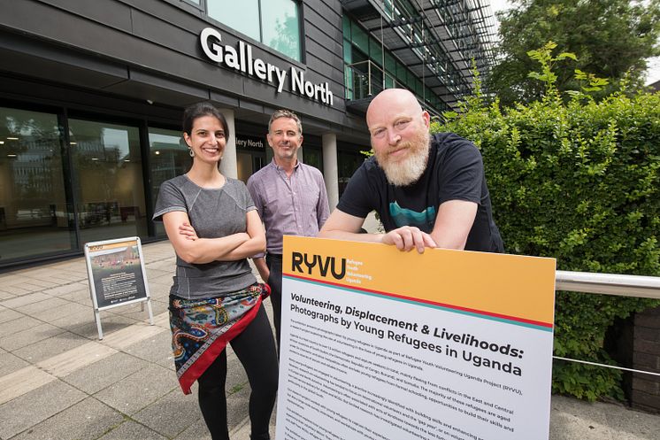 Dr Bianca Fadel and Professor Matt Baillie Smith are joined by Associate Professor Steve Gilroy (centre), Deputy Head of Arts at Northumbria, at the RYVU exhibition