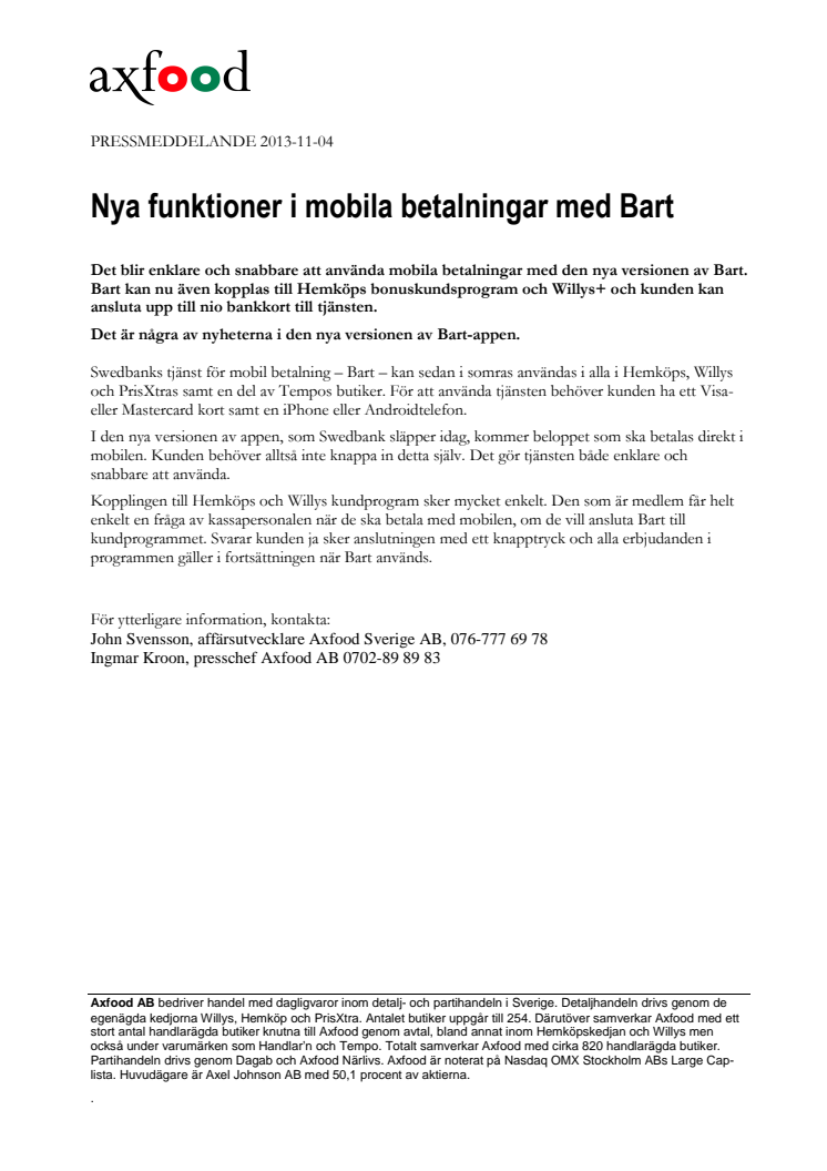 Nya funktioner i mobila betalningar med Bart 