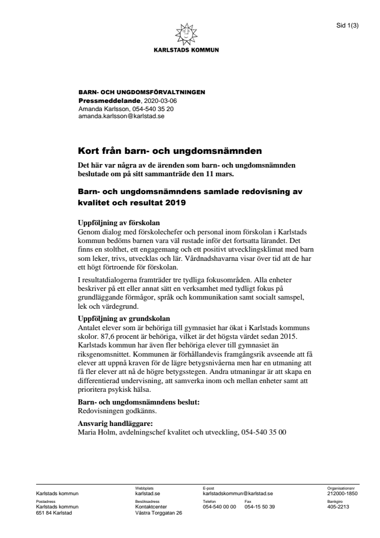 Kort från barn- och ungdomsnämnden den 11 mars