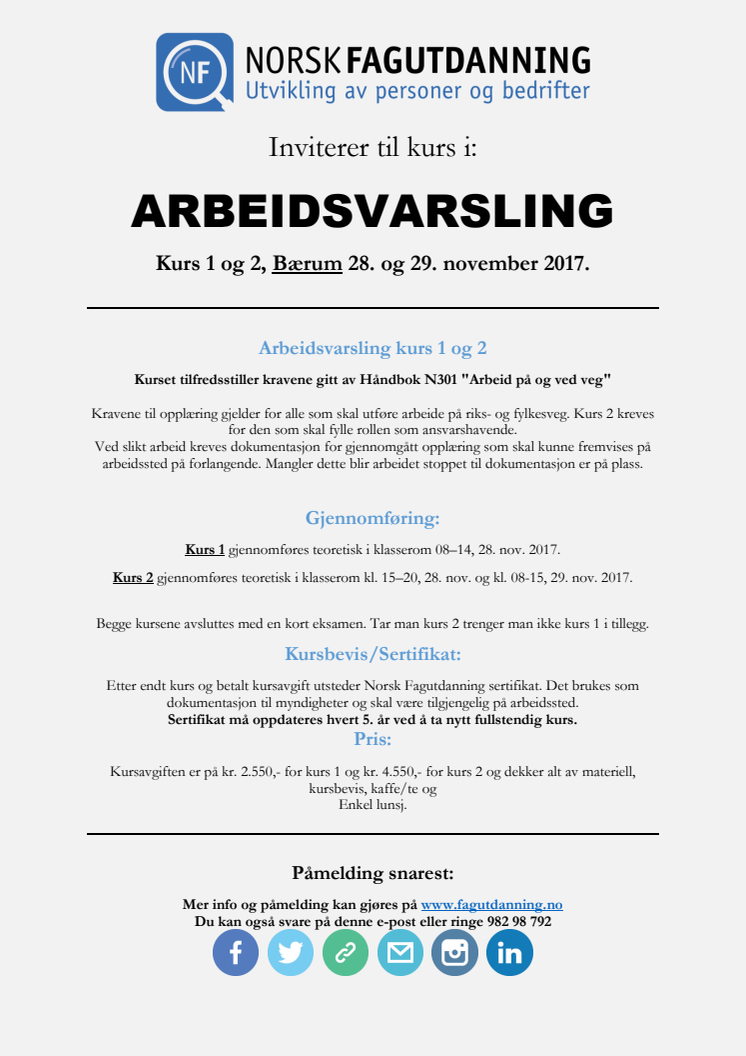 Arbeidsvarslingskurs i Bærum - 28-29 november 2017