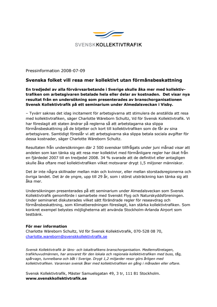 Svenska folket vill resa mer kollektivt utan förmånsbeskattning
