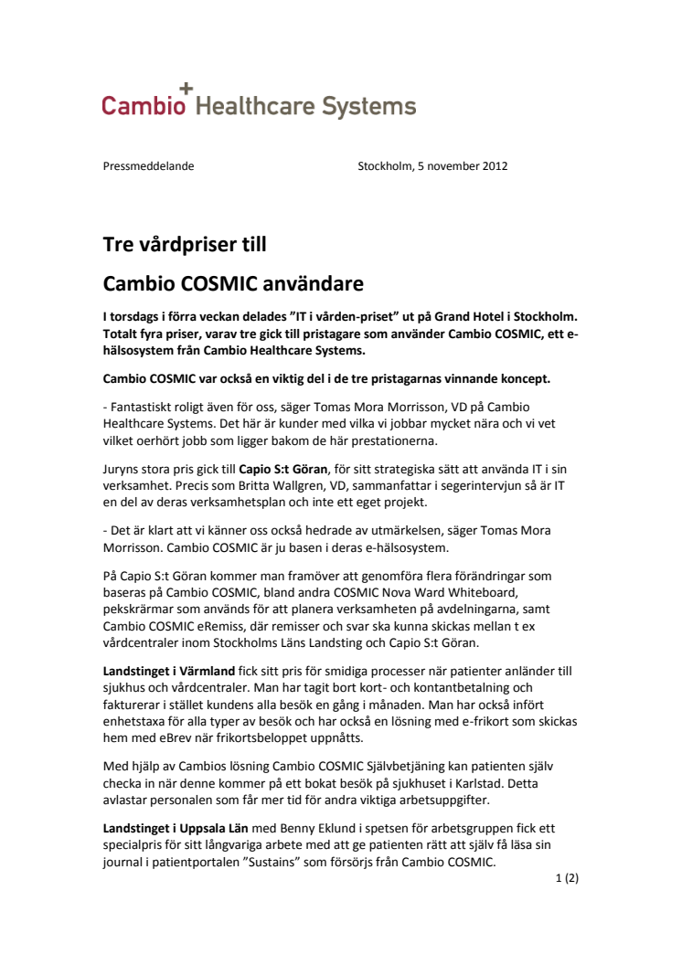 Tre vårdpriser till Cambio COSMIC Användare