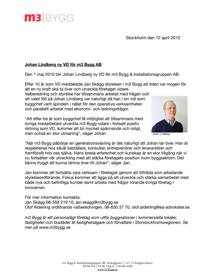 Johan Lindberg ny VD för m3 Bygg AB