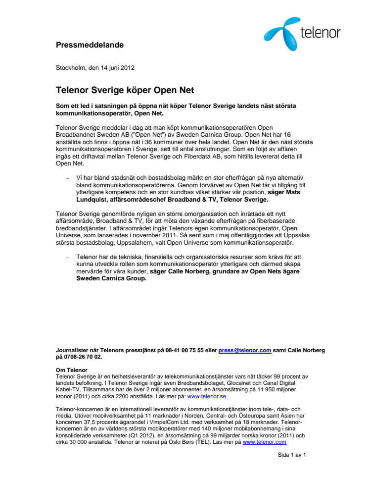 Telenor Sverige köper Open Net
