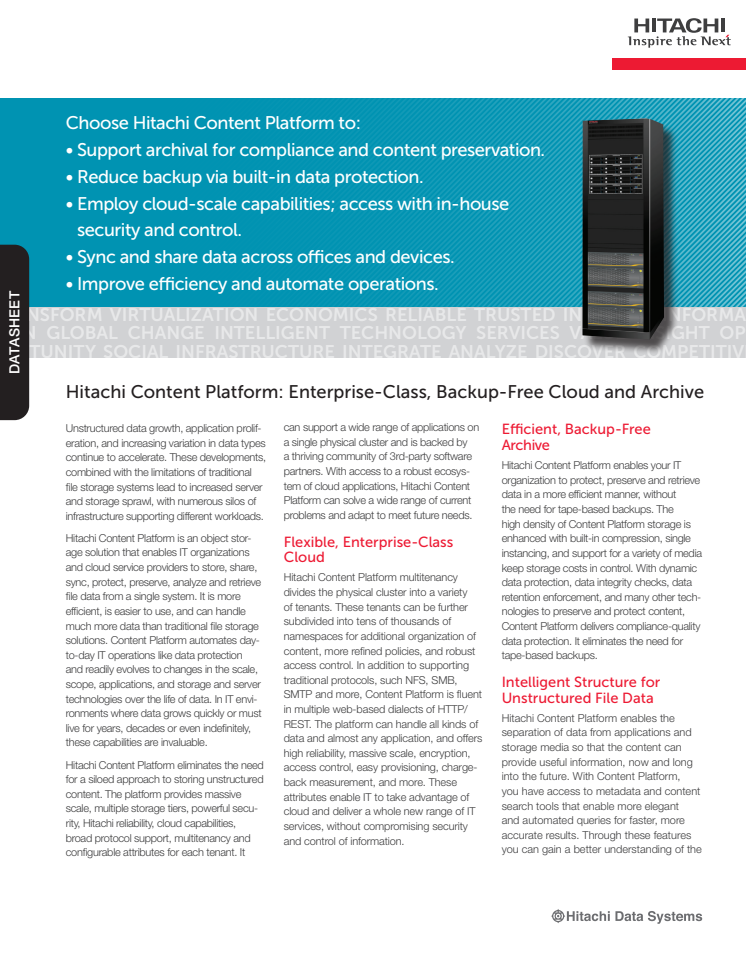 Hitachi Content Platform datasheet | Backup-Free Cloud and Archive