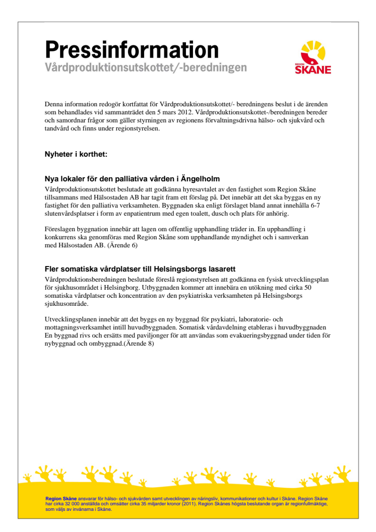 Pressinformation från Vårdproduktionsutskottet/- beredningen