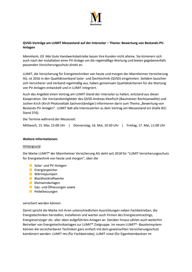 QVSD-Vorträge am LUMIT Messestand auf der Intersolar – Thema: Bewertung von Bestands-PV-Anlagen