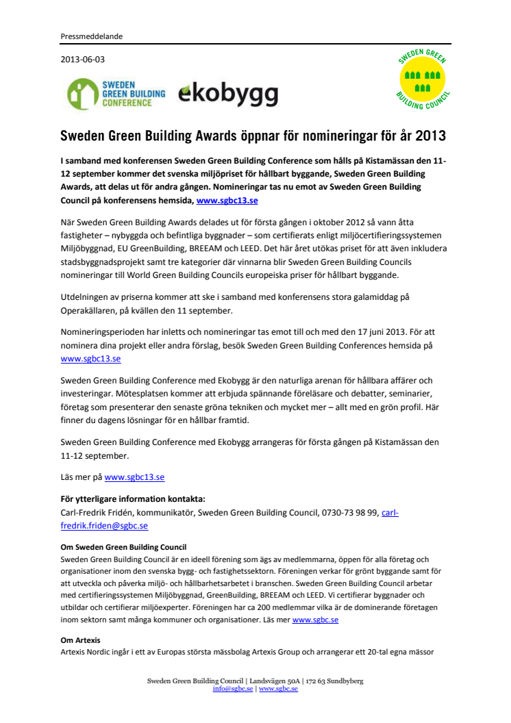 Sweden Green Building Awards öppnar för nomineringar för år 2013