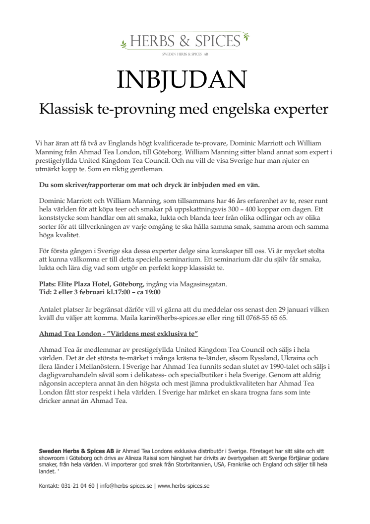 INBJUDAN – Klassisk te-provning med engelsk expert