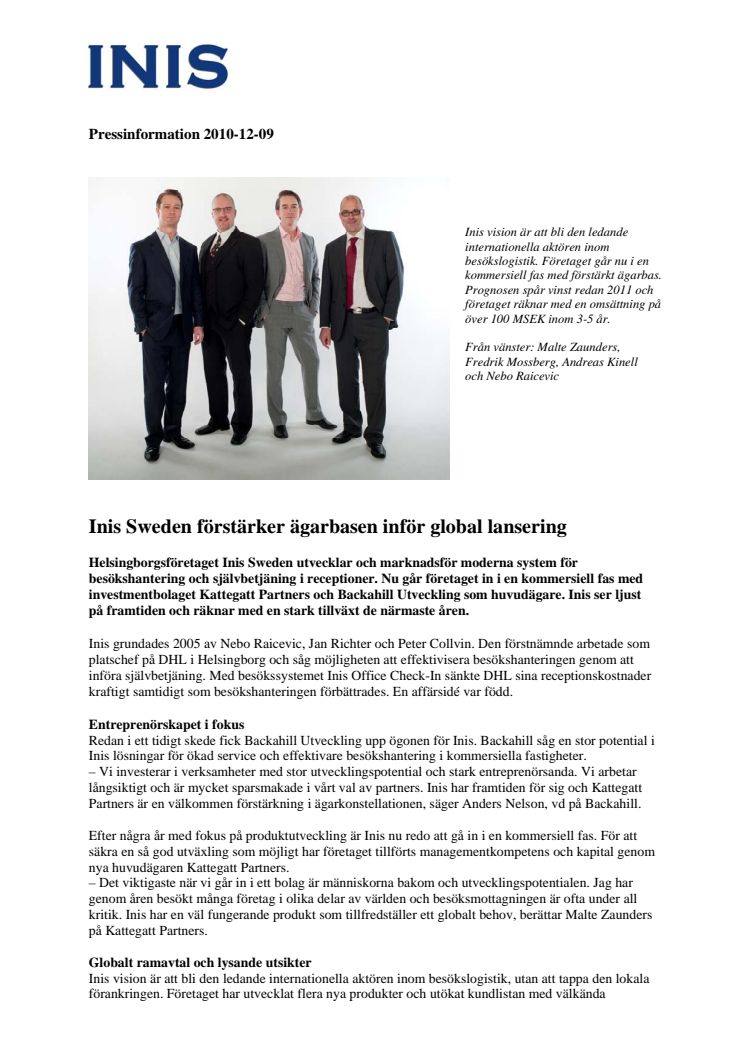 Inis Sweden förstärker ägarbasen inför global lansering