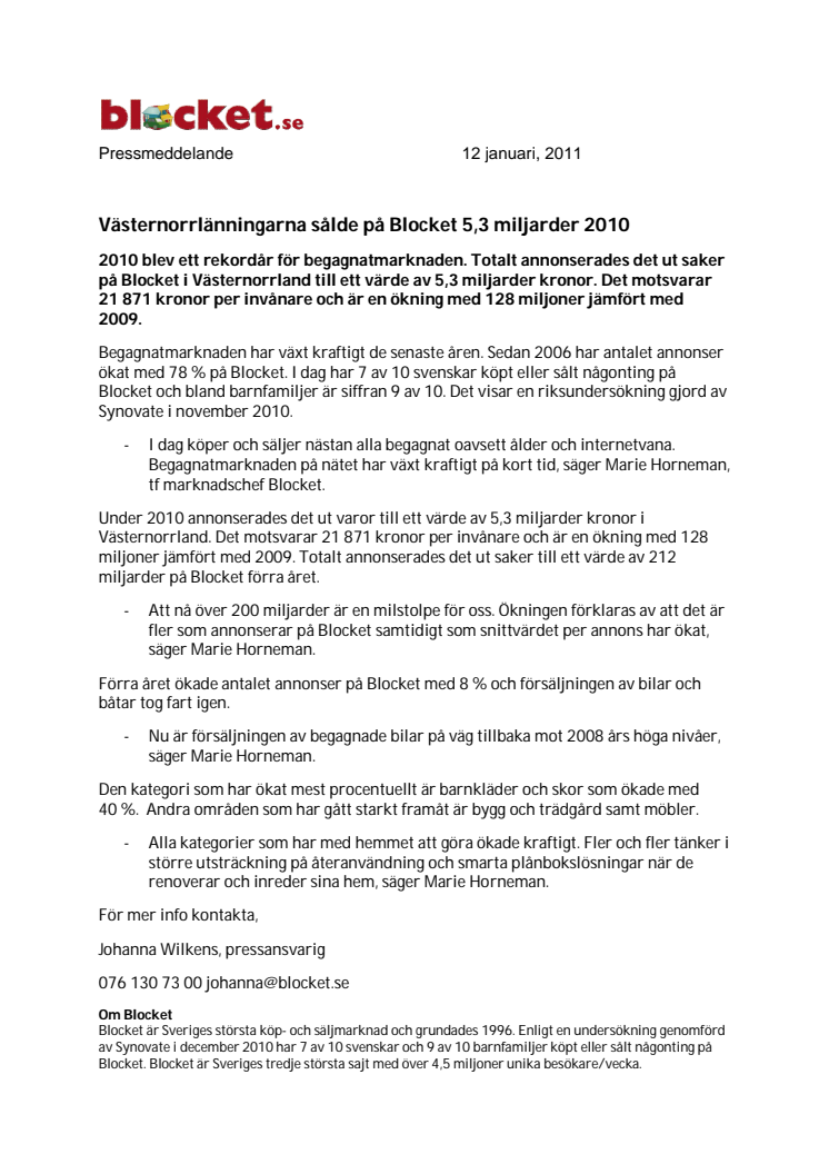 Västernorrlänningarna sålde på Blocket 5,3 miljarder 2010 