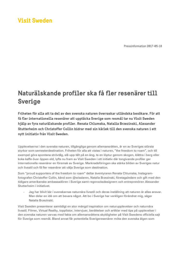 Naturälskande profiler ska få fler resenärer till Sverige