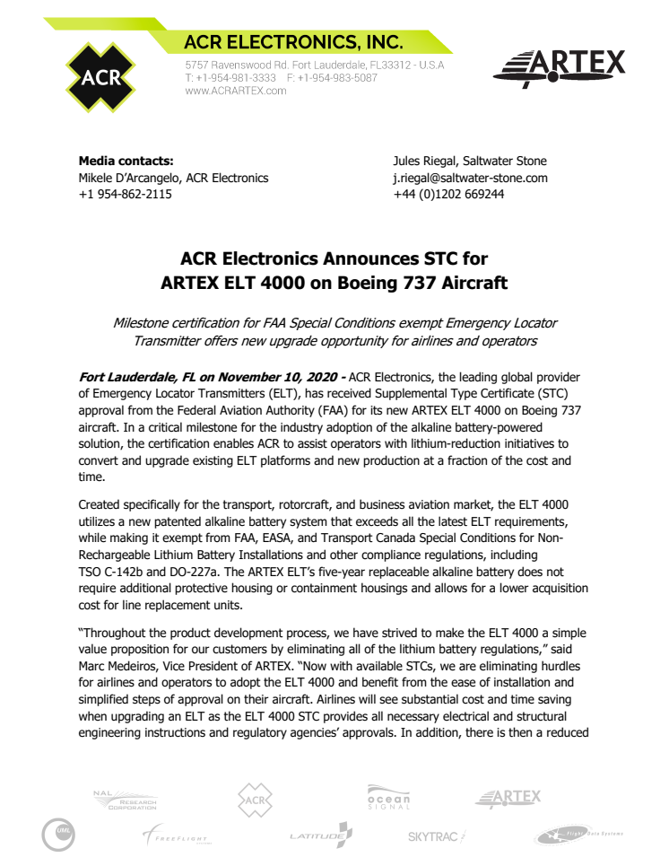 ACR Electronics Announces STC for ARTEX ELT 4000 on Boeing 737 Aircraft