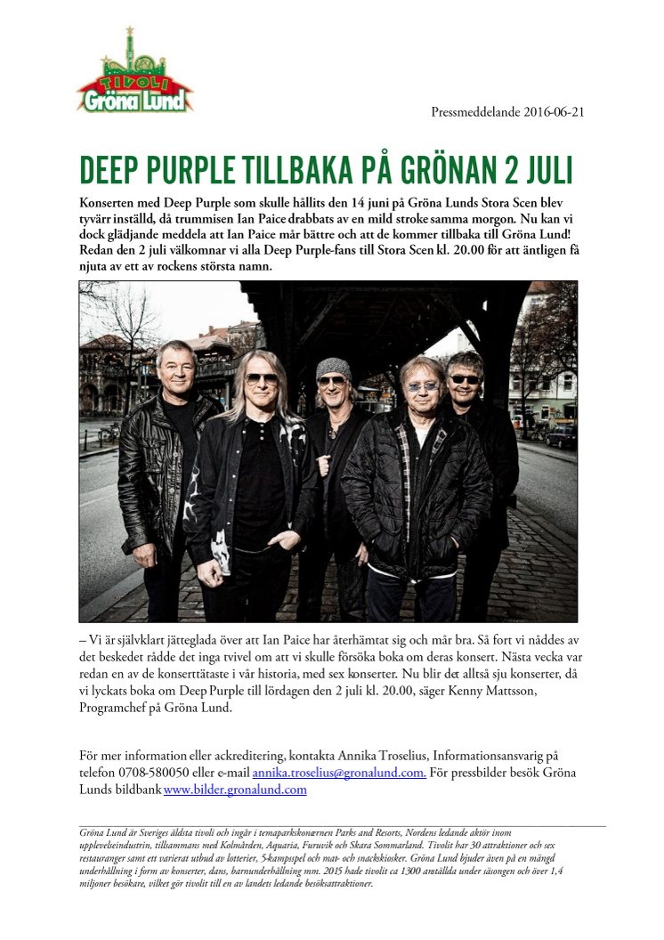 Deep Purple tillbaka på Grönan 2 juli